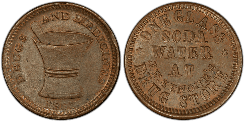 (1863) Copper Civil War Store Card F-460R-4a, J.F. Senour's IN