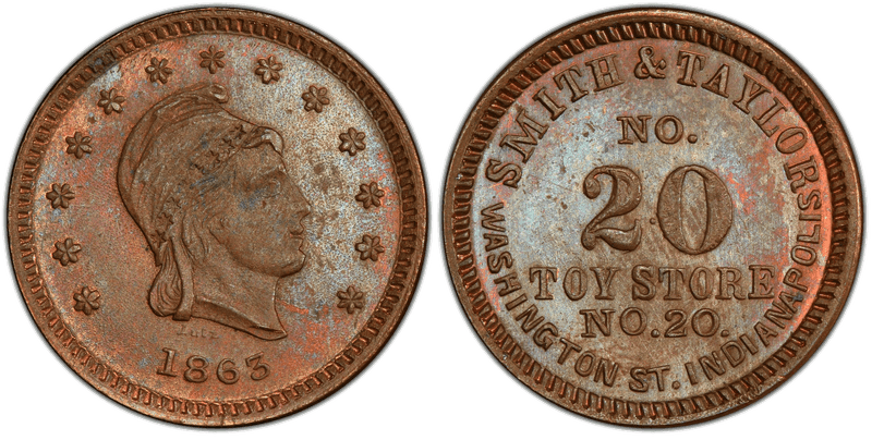 (1863) Copper Civil War Store Card F-460S-1a, Smith & Taylor IN