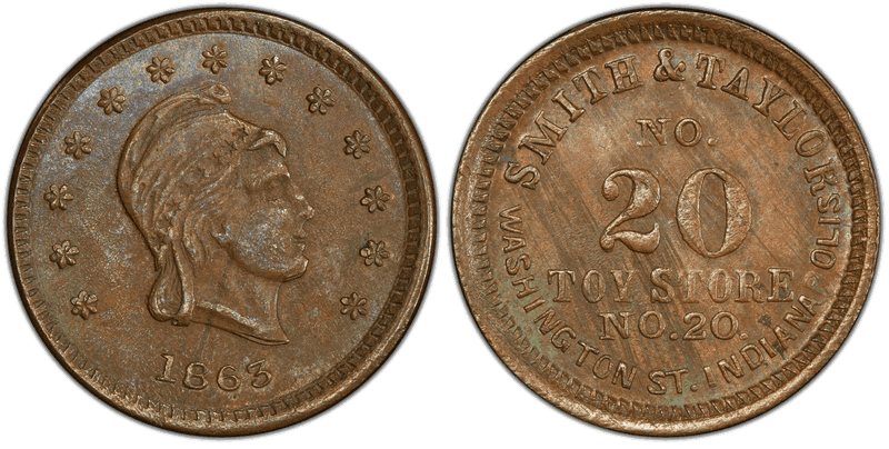 (1863) Copper Civil War Store Card F-460S-2a, Smith & Taylor IN