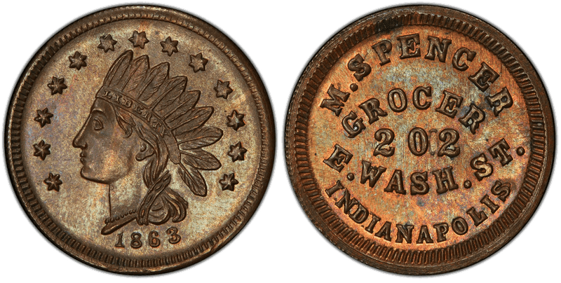 (1863) Copper Civil War Store Card F-460T-1a, M. Spencer IN