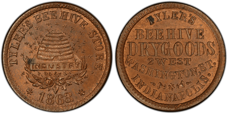 (1863) Copper Civil War Store Card F-460V-1a, Tyler's Bee Hive IN