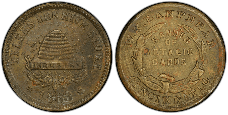 (1863) Brass Civil War Store Card F-460V-2b, Tyler's Bee Hive IN