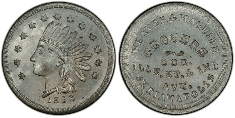 (1863) Zinc Civil War Store Card F-460X-1i, Weaver & Maguire IN