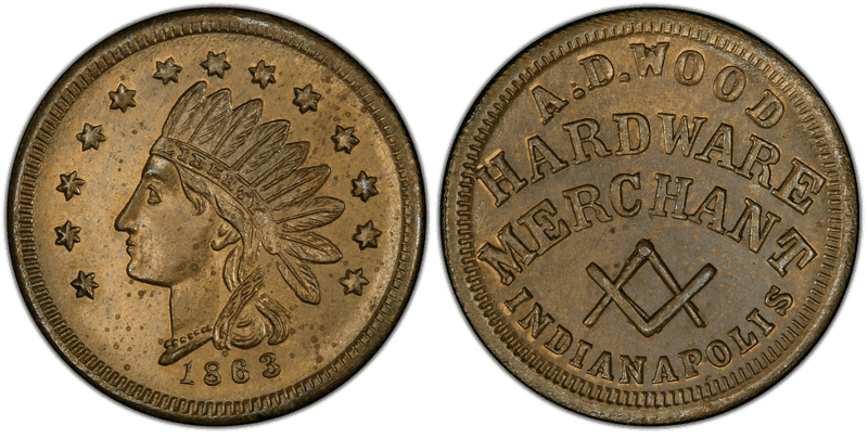 (1863) Brass Civil War Store Card F-460Z-1b, A.D. Wood IN