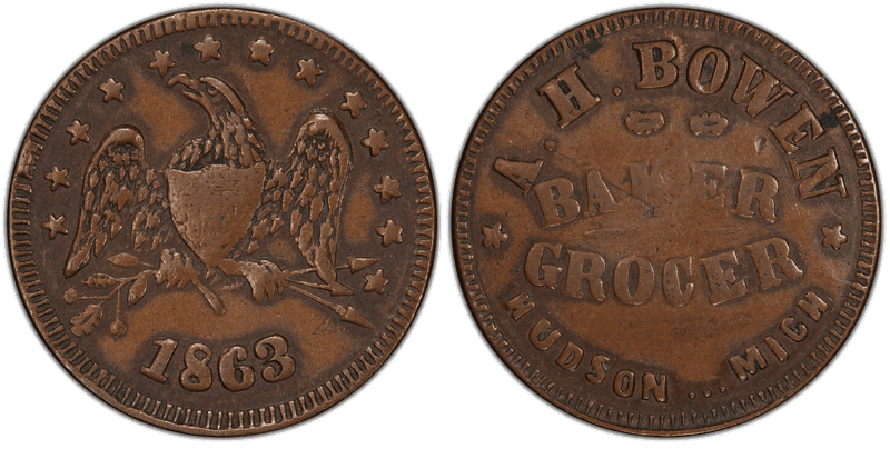 (1863) Copper Civil War Store Card F-480B-1a, A.H. Bowen MI