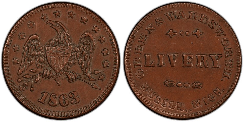 (1863) Copper Civil War Store Card F-480D-1a, Green & Wardsworth MI