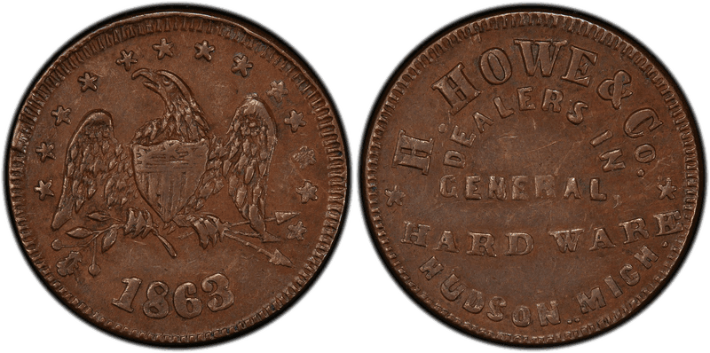 (1863) Copper Civil War Store Card F-480E-1a, H. Howe & Co. MI