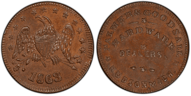 (1863) Copper Civil War Store Card F-480F-1a, Palmer & Goodsall MI