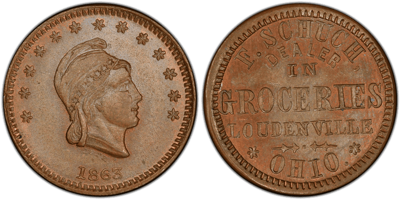 (1863) Copper Civil War Store Card F-485A-1a, F. Schuch OH
