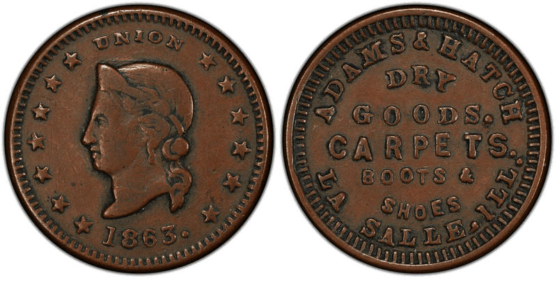(1863) Copper Civil War Store Card F-495A-1a, Adams & Hatch IL