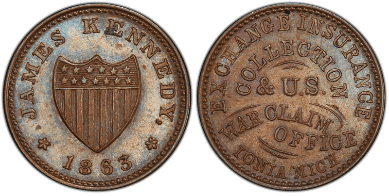 (1863) Copper Civil War Store Card F-495A-2a, James Kennedy MI