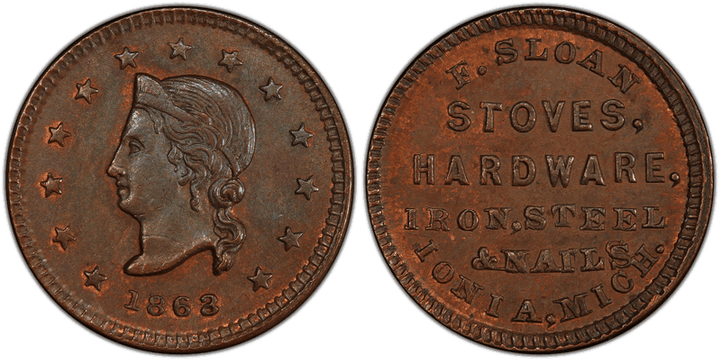 (1863) Copper Civil War Store Card F-495B-1a, F. Sloan MI