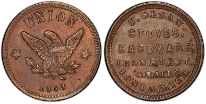 (1863) Copper Civil War Store Card F-495B-2a, F. Sloan MI