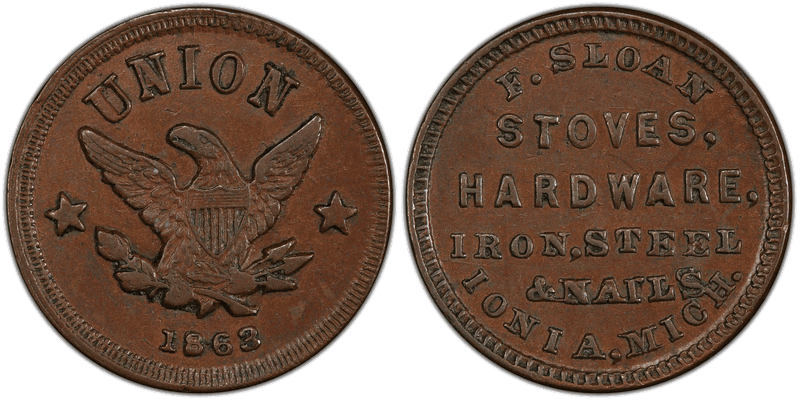 (1863) Copper Civil War Store Card F-495B-3a, F. Sloan MI