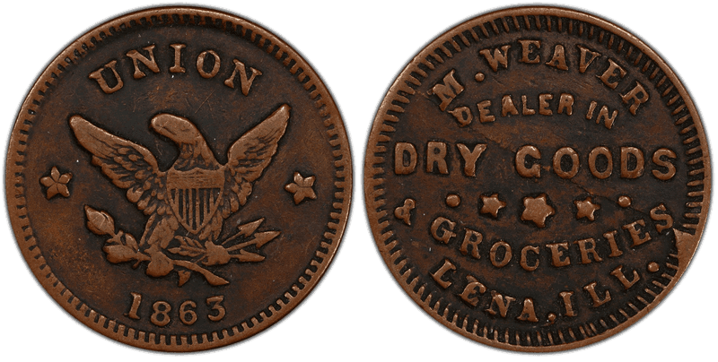 (1863) Copper Civil War Store Card F-500B-5a, M. Weaver IL
