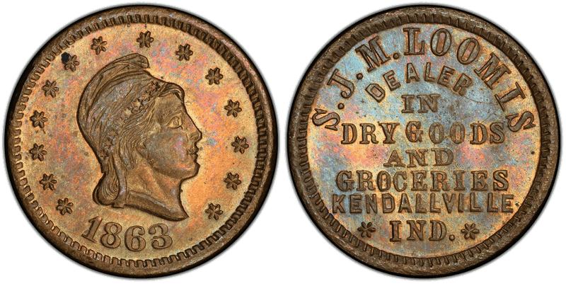 (1863) Brass Civil War Store Card F-500N-2b, S.J.M. Loomis IN
