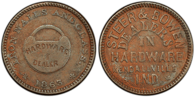 (1863) Copper Civil War Store Card F-500R-1a, Steer & Bowen IN
