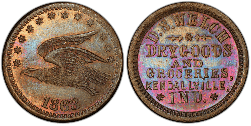 (1863) Brass Civil War Store Card F-500U-2b, D.S. Welch IN