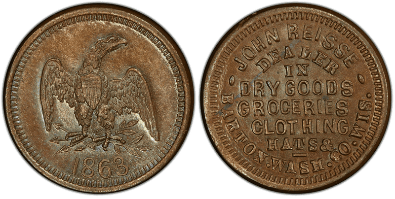 (1863) Copper Civil War Store Card F-50A-1a, John Reisse WI