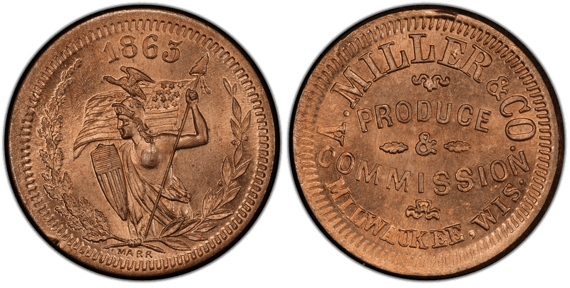 (1863) Copper-Nickel Civil War Store Card F-510AA-4d, A. Miller & Co. WI