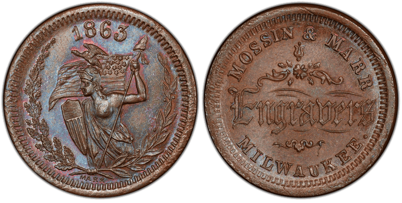 (1863) Copper Civil War Store Card F-510AD-1a, Mossin & Marr WI