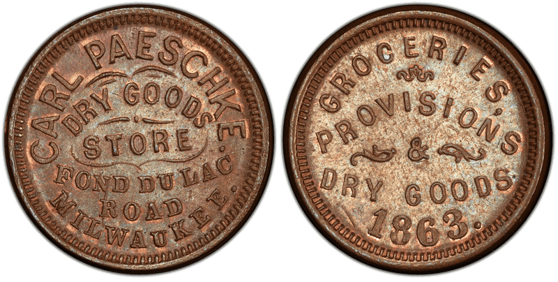 (1863) Copper Civil War Store Card F-510AE-2a, Carl Paeschke WI