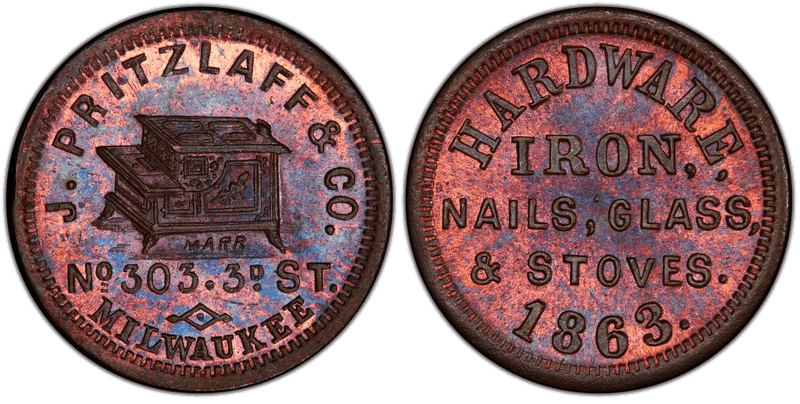 (1863) Copper Civil War Store Card F-510AG-1a, J. Pritzlaff & Co. WI