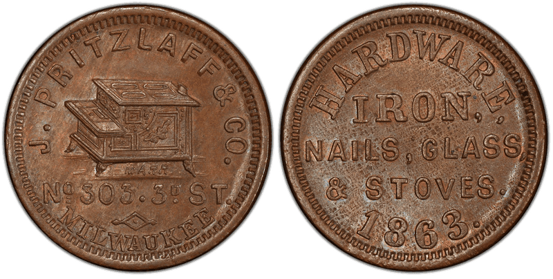 (1863) Copper Civil War Store Card F-510AG-1a, J. Pritzlaff & Co. WI