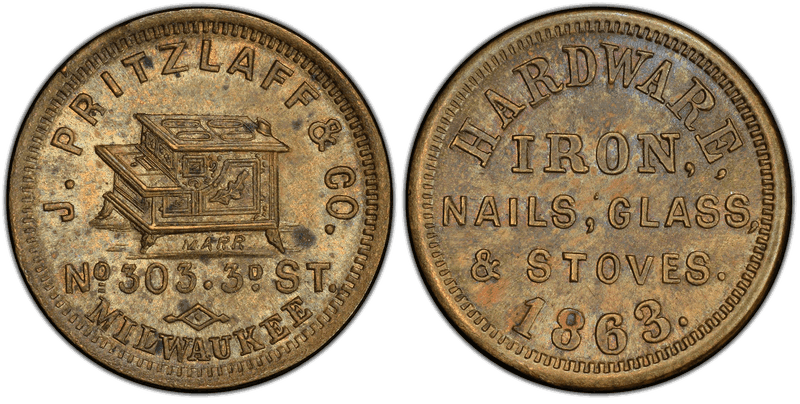 (1863) Brass Civil War Store Card F-510AG-1b, J. Pritzlaff & Co. WI