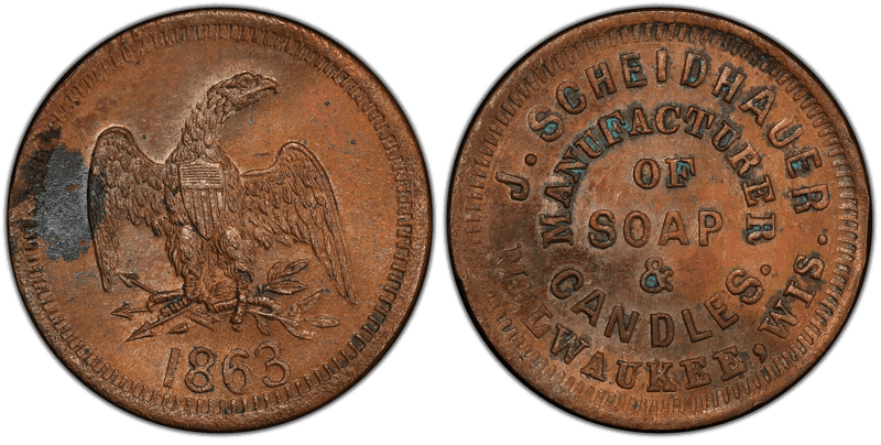 (1863) Copper Civil War Store Card F-510AH-1a, J. Scheidhauer WI