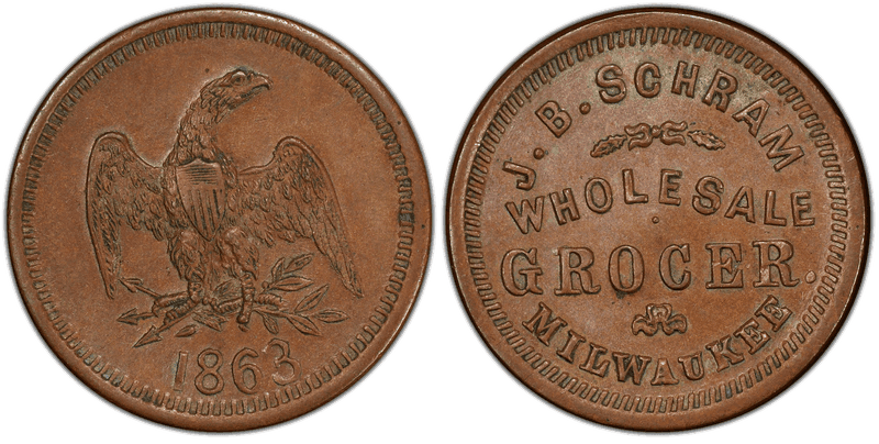 (1863) Copper Civil War Store Card F-510AI-1a, J.B. Schram WI