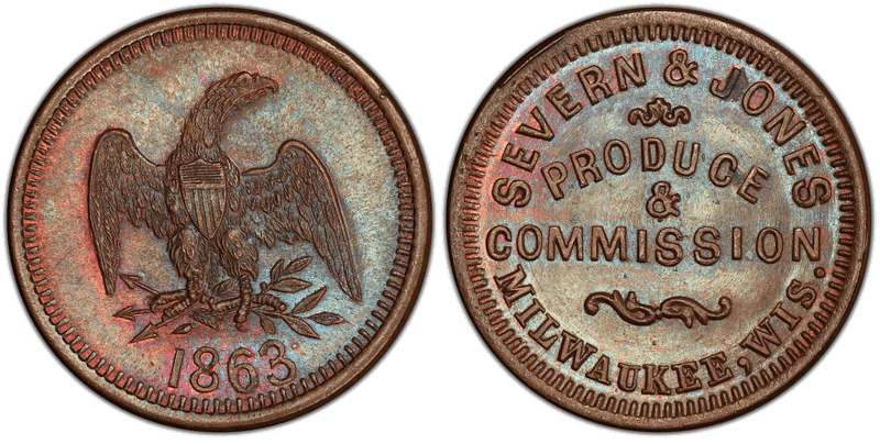 (1863) Copper Civil War Store Card F-510AJ-1a, Severn & Jones WI
