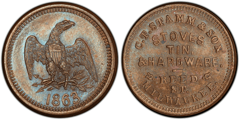 (1863) Copper Civil War Store Card F-510AK-2a, C.T. Stamm & Son WI