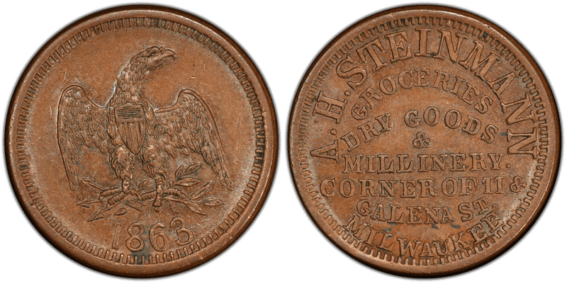(1863) Copper Civil War Store Card F-510AL-1a, H. Steinmann WI