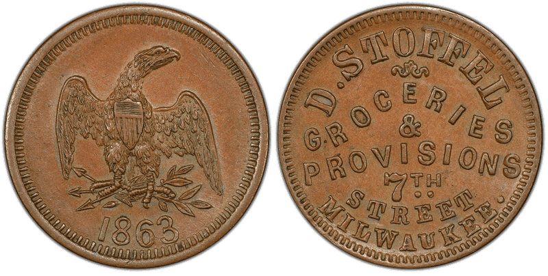(1863) Copper Civil War Store Card F-510AM-1a, D. Stoffel WI