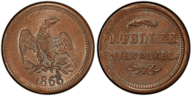 (1863) Copper Civil War Store Card F-510AO-2a, I. Teller WI
