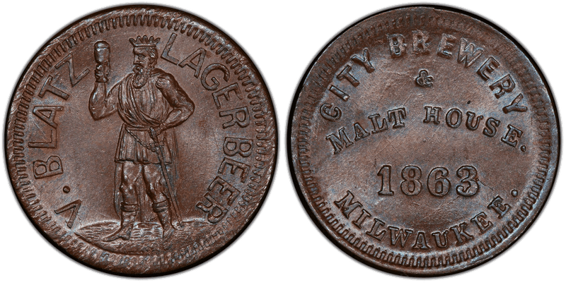 (1863) Copper Civil War Store Card F-510E-1a, V. Blatz Lagerbeer WI
