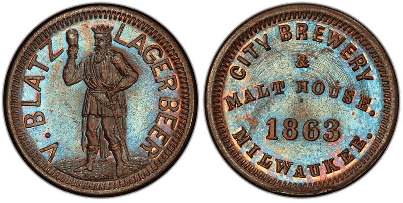 (1863) Copper Civil War Store Card F-510E-3a, V. Blatz Lager Beer WI