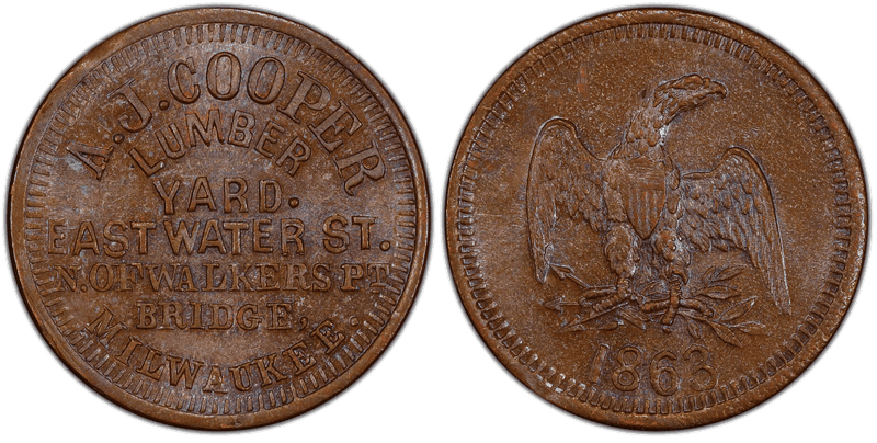 (1863) Copper Civil War Store Card F-510H-1a, A.J. Cooper WI