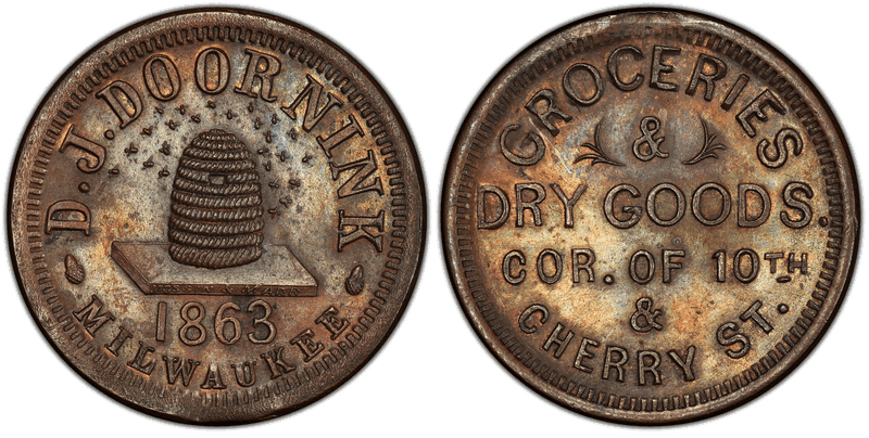 (1863) Copper Civil War Store Card F-510I-1a, D.J. Doornink WI