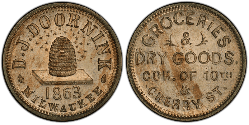 (1863) Copper-Nickel Civil War Store Card F-510I-1do, D.J. Doornink WI