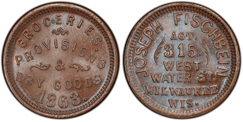 (1863) Copper Civil War Store Card F-510K-3a, Joseph Fischbein WI