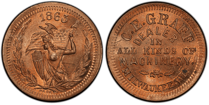 (1863) Copper-Nickel Civil War Store Card F-510O-3d, C.E. Graff WI