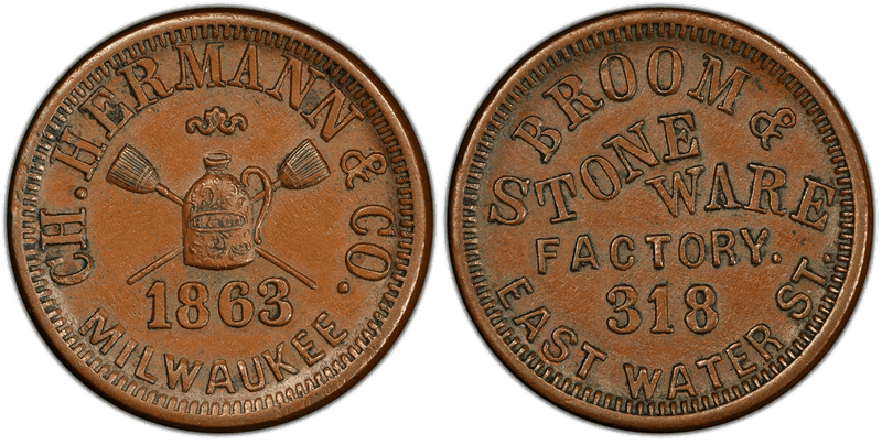(1863) Copper Civil War Store Card F-510R-1a, Ch. Hermann & Co. WI