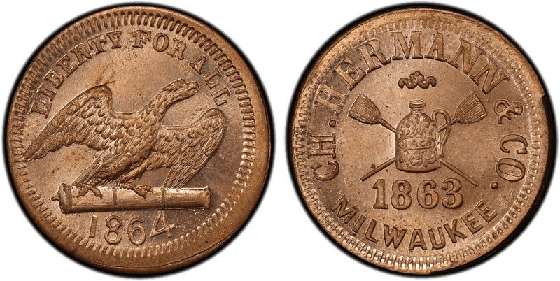 (1863) Copper-Nickel Civil War Store Card F-510R-2d, Ch. Hermann & Co. WI