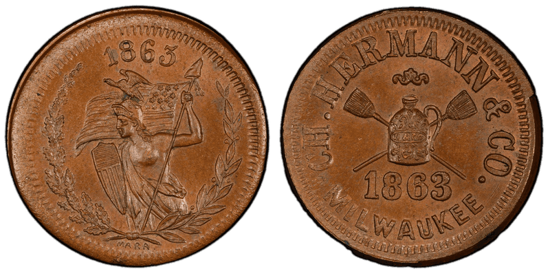 (1863) Copper Civil War Store Card F-510R-3a, CH. Hermann & Co. WI
