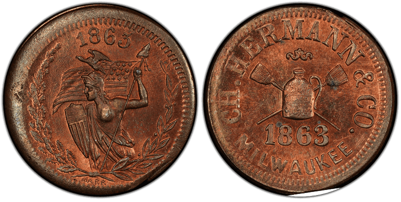 (1863) Copper-Nickel Civil War Store Card F-510R-3d, CH. Hermann & Co. WI