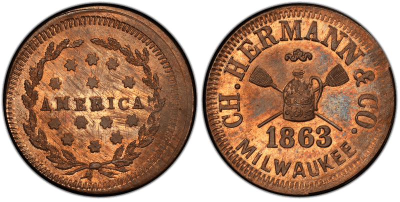 (1863) Copper-Nickel Civil War Store Card F-510R-4d, Ch. Hermann & Co. WI