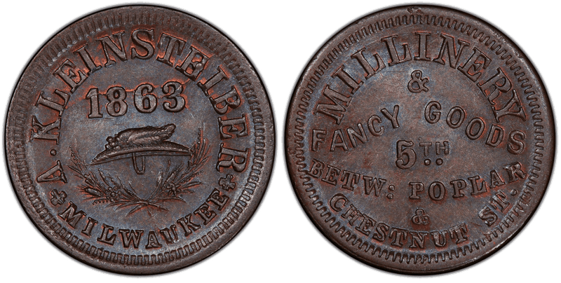 (1863) Copper Civil War Store Card F-510U-1a, A. Kleinsteiber WI