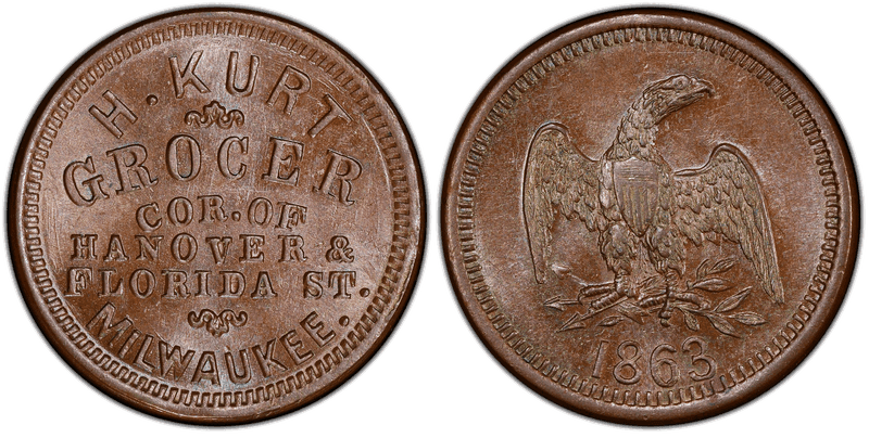 (1863) Copper Civil War Store Card F-510W-1a, H. Kurt WI